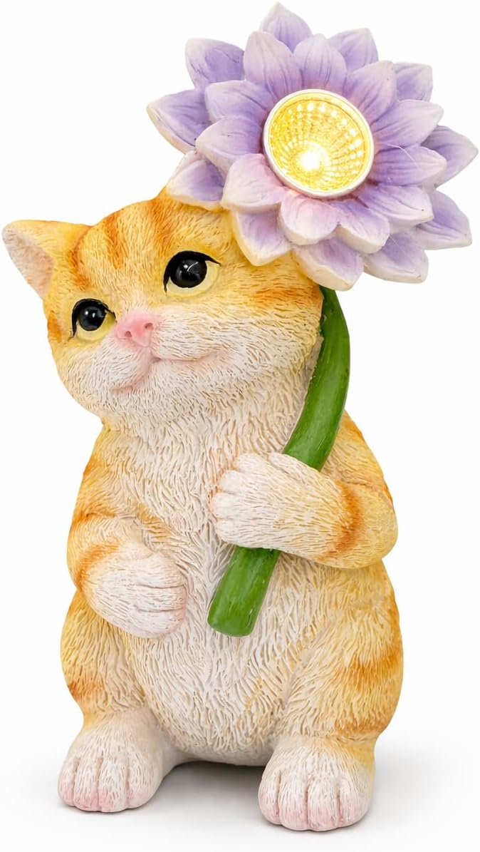 GoGnome Solar Cat Garden Statue with LED Flower for Mom Woman – 6.5‘’ Hand-Painted Resin Outdoor Kitten Figurine, Automatic Night Light, Yard Patio Lawn Decor (Kitten) - Image 1